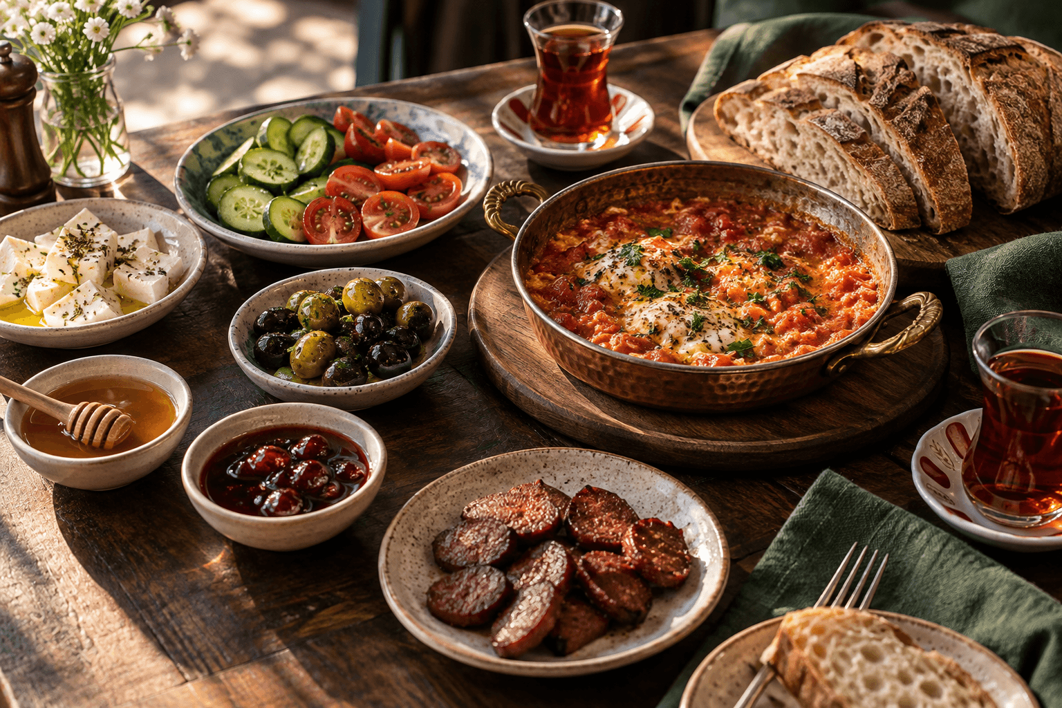 Turkish breakfast with menemen, cheeses, olives, bread and tea